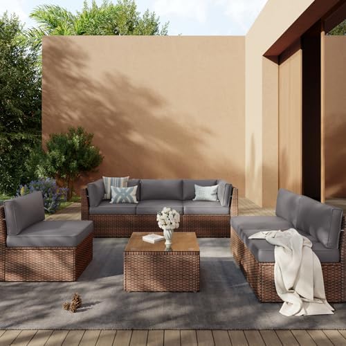 Aoxun Outdoor Replacement Cushions for Patio Furniture, Deep Seat Outdoor Cushions for 6-Seat Wicker Sectional, 14-Piece Water-Repellent Cushion for L-Shape Couch