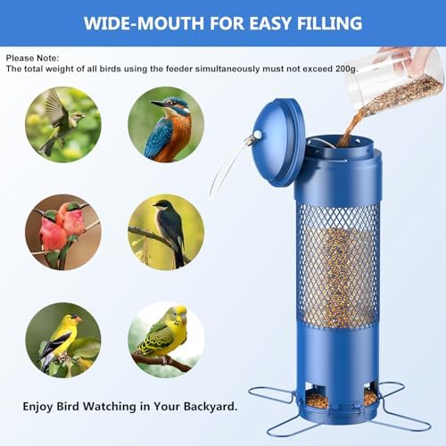 Bird Feeders for Outdoors Squirrel Proof with Weight-Activated Perches, Hanging Bird Feeder for Outside, Metal Feeder for Wild Cardinal, Finch, Blue Jay, Chickadee, 3LB Seed Capacity, Blue