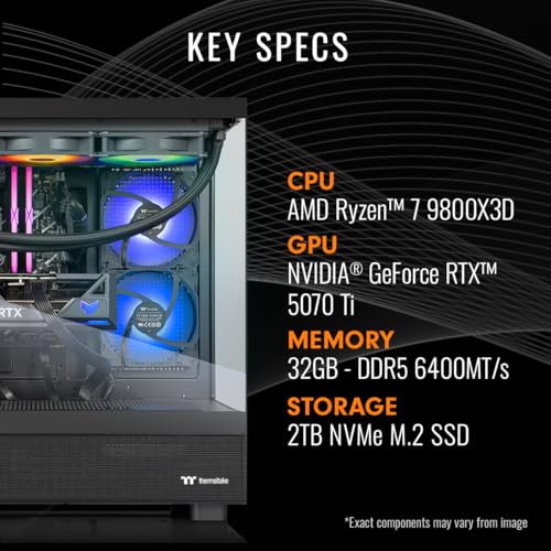 Thermaltake LCGS View 9870T-270 Gaming Desktop (AMD Ryzen™ 7 9800X3D, ToughRam 32GB DDR5 6400MT/s RGB Memory, NVIDIA® GeForce RTX™ 5070 Ti, 2TB NVMe M.2, WiFi, Windows 11) V27B-B850-57T-LCS