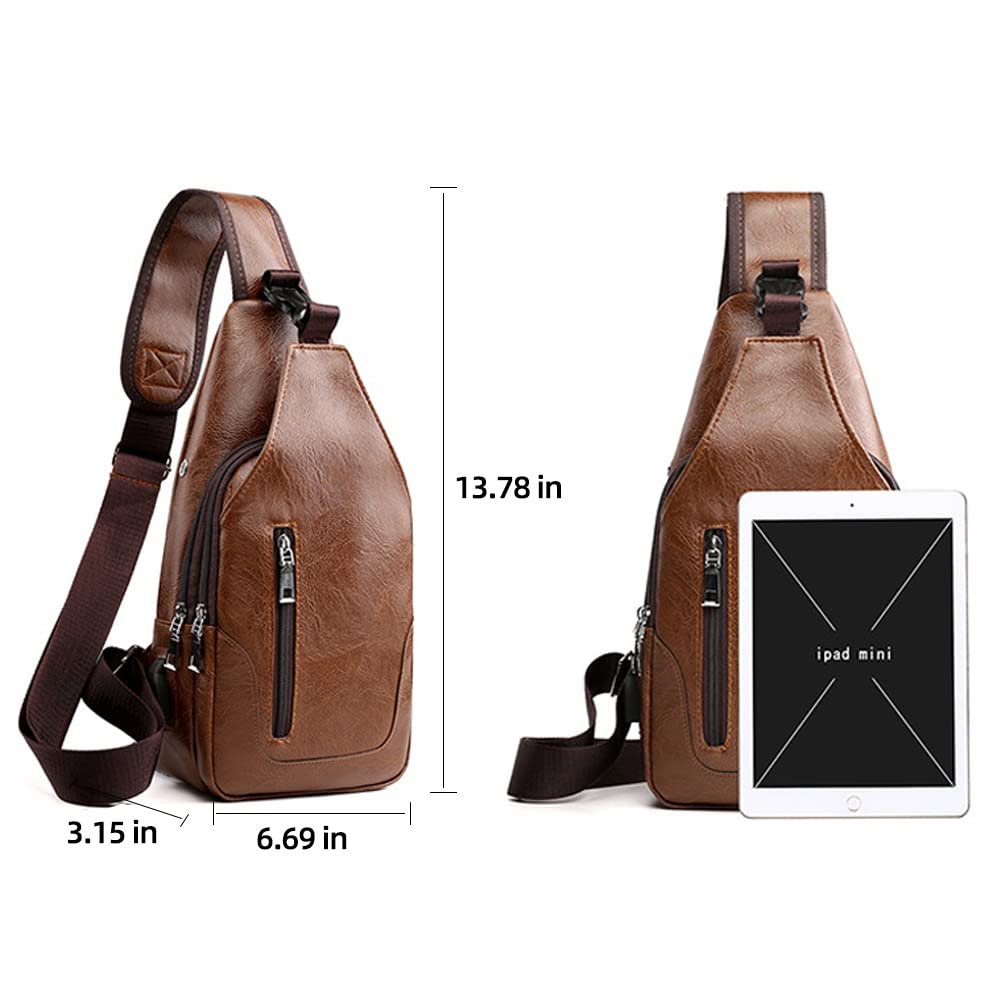 Peicees Leather Sling Bag Mens Crossbody Bag Chest Bag Sling Backpack for Men with USB Charge Port