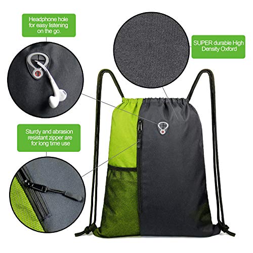 BeeGreen Lime Gym Bag Drawstring Backpack for Women Sports Backpack Workout Bag With 2 Water Bottle Mesh Pockets And Two Zipper Pockets