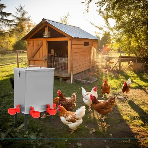 3 Gallons Chicken Waterer,Stainless Steels Automatic Chicken Waterer with Latch and Bottom Bracket,Poultry Watering 4 Water Cups Chicken Feeder Waterer and 4 Horizontal Automatic Chicken Nipples