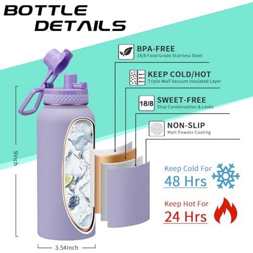 DIGJUPER Insulated Water Bottle 32 oz - with Straw & Pop-up Spout Lid, Paracord Handle, Carrier Shoulder Strap, Protective Boot, Wide Mouth Double Walled Vacuum Insulated Gym Water Bottle for Women