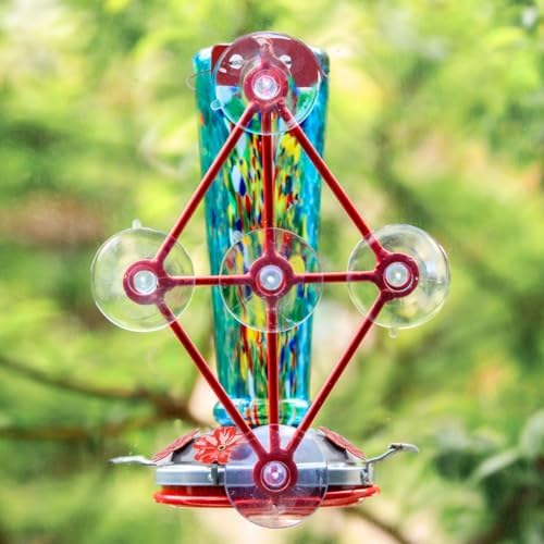 Window Hummingbird Feeder with 5 Strong Suction Cup 16 Ounces Colorful Hand-Blown Glass Hummingbird Feeder for Outdoor Patio Hanging Windows Mount (Blue)