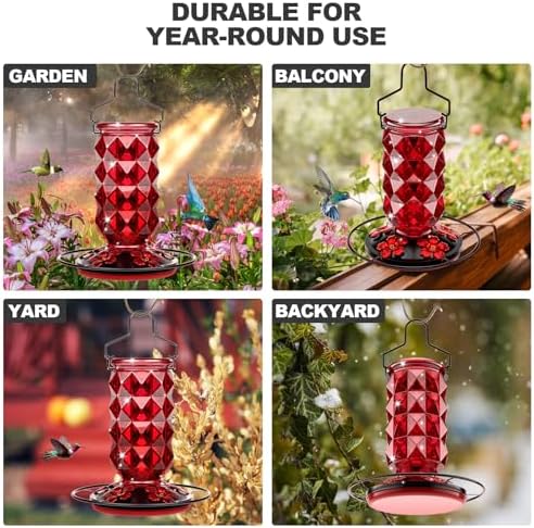 2 Pack Glass Hummingbird Feeders for Outdoors, 25 Ounces Wild Bird Nectar Feeder with Perch & 5 Flower Feeding Ports Leak Proof Hanging for Garden Backyard Decor, Gifts for Women Mom, Red