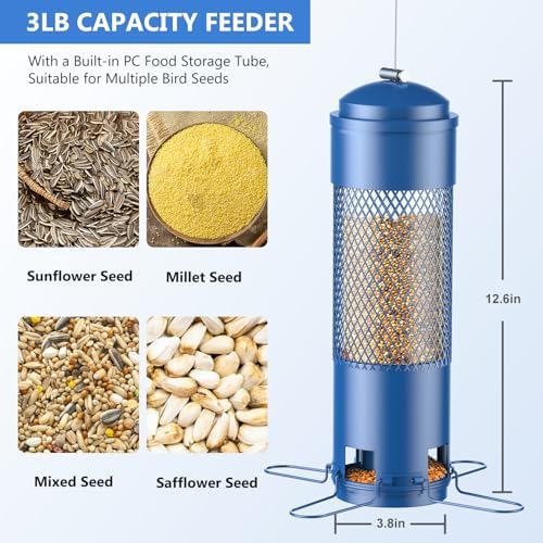 Bird Feeders for Outdoors Squirrel Proof with Weight-Activated Perches, Hanging Bird Feeder for Outside, Metal Feeder for Wild Cardinal, Finch, Blue Jay, Chickadee, 3LB Seed Capacity, Blue