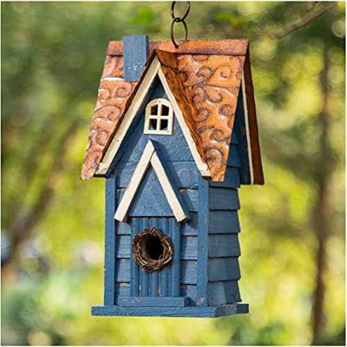Glitzhome 12" H Retro Blue Distressed Solid Wood Cottage Birdhouse Hanging Bird House for Outdoors