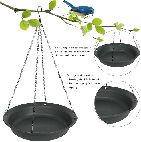 Hanging Bird Bath, Hanging Bird Water Feeder for Outdoors, Feeder Bowl, 1 Pack Birdbath Tray Accessories for Outside, Plastic Birdbaths Tray for Garden Patio Decoration (16", Dark Black)