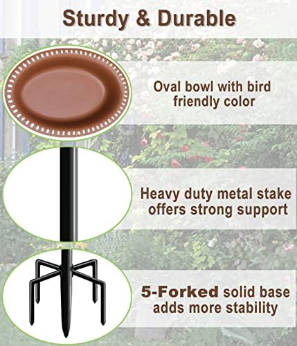 Garbuildman Upgraded 5-Prong Base Bird Bath with Metal Stake, Detachable Decoration Bowl Spa & Freestanding Birdfeeder for Outdoor Garden, Oval Style, Brown