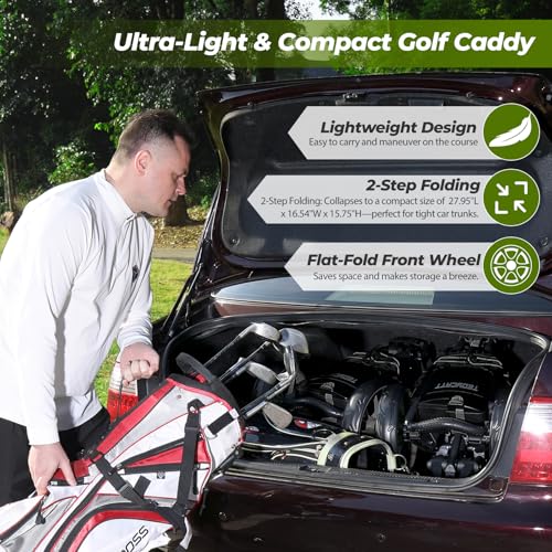 Tedycatt 3 Wheel Golf Push Cart: Lightweight Golf Walking Cart, Compact Folding Golf Trolley, with Phone Holder, Brake, Cup, Umbrella Holder, Cooler, Gray