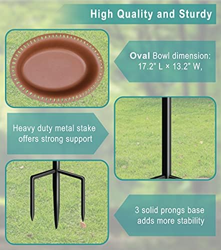 Garbuildman Extra-Large Freestanding Birdbaths Bowl, Detachable Decoration Spa with Metal Stake Stand & Birdfeeder for Outdoor Garden, Oval Style, Chocolate
