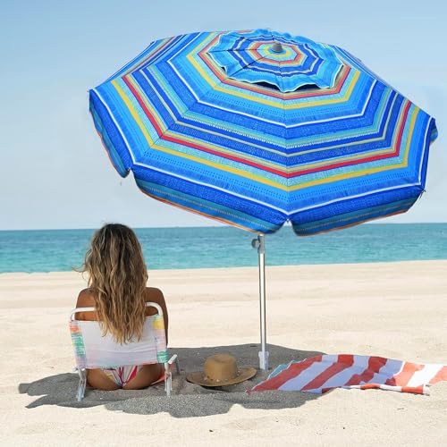 AMMSUN 7ft Heavy Duty Beach Umbrella with Sand Anchor, UV 50+ Protection, Outdoor Sunshade, Carry Bag, Patio Garden, Pool Backyard, Multicolor Green
