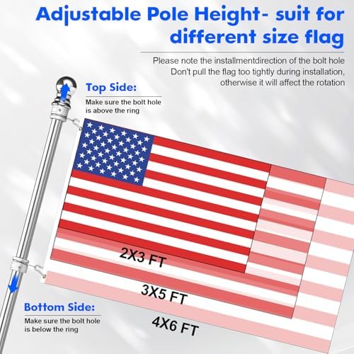 Anovo Flag Pole Kit- Stainless Steel 5 FT Flag Poles with1 Inch Metal 360° Rotating Flag Pole Rings Clip, Two-Position Flag Pole Holder Brackets Mounting for Outside House Outdoor Porch(5 FT - Sliver)