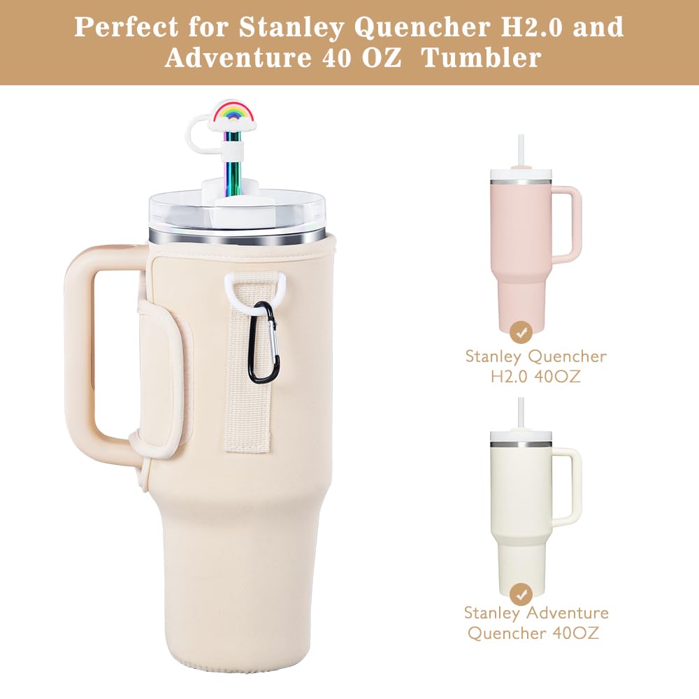 3 in 1 Water Bottle Carrier Bag with Pouch Pocket fits Stanley 40 oz Tumbler, Water Bottle Holder with Strap for Stanley Cup Accessories with Stainless Steel Straws, Straw Cover, Spill Proof Stoppers
