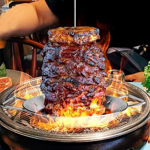 Al Pastor Skewer for Grill:Stainless Steel Vertical Stand, Brazilian Spit Stand with removable 3 Spikes, 2 Brushes, Anti-scalding Fittings, Fat Separator Tray, for Tacos Al Pastor, BBQ