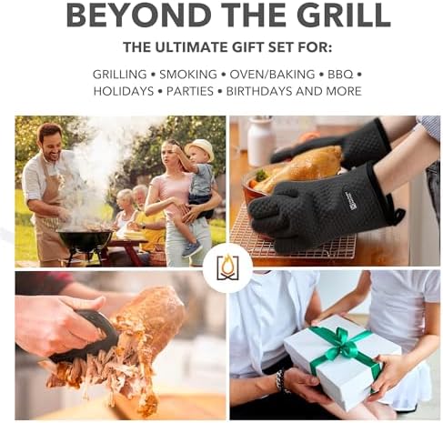 Meat Claws and Smoker Gloves | No.1 Extreme Heat Resistant BBQ Grill Gloves | Non-Slip Waterproof Silicone Oven Mitts | Pulled Pork Claws | Thermometer | Barbecue, Grilling, Smoking, Shredding (Black)