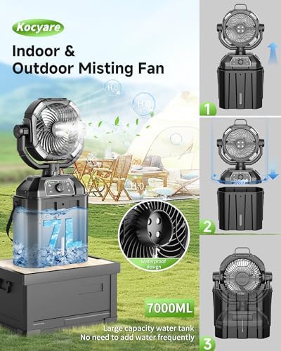 Misting fan with 7L bucket 90°Oscillating ,4 Spray Mister 25000mAh Rechargeable Camping fan with Remote Control Stepless Speed and Timer for Patios/Camping,Waterproof Design Outdoor Fans (Black)