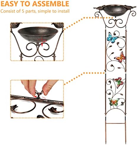 Bird Bath with Trellis Outdoor, Antique Garden Iron Trellis with Decorative Butterflies Detachable Bird Bowl Metal Potted Plants Support for Climbing Flowers