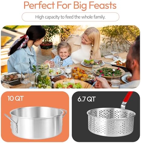 Aluminum Fish Fryer Pot with Basket | 10QT Deep Frying Pot with Handle | Outdoor Oil Fryer pan with Fry Basket | Cooking Pot | Fried Chicken, Fish, Seafood, Turkey Legs, French Fries