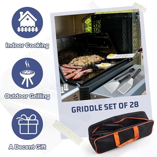 HaSteeL 28Pcs Griddle Accessories Kit, Stainless Steel Flat Top Grill Accessory Tools Set, Metal Spatulas, Scraper Choppers, Melting Domes, Cast Iron Burger Press, for Teppanyaki Tabletop Hibachi BBQ