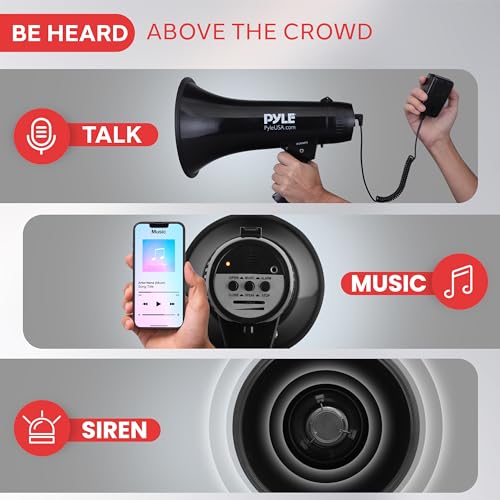 Pyle Portable Megaphone Speaker PA Bullhorn - Built-in Siren, 40W Adjustable Vol Control & 1000 Yard Range, Ideal for Any Outdoor Sports, Cheerleading Fans Coaches & Safety Drills, Black - PMP43IN