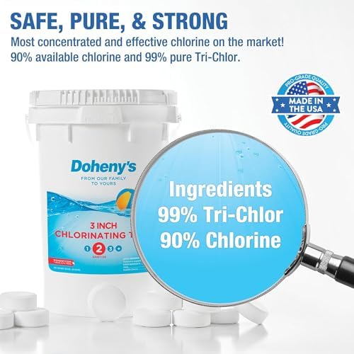 Doheny’s 3-Inch Stabilized Chlorine Tablets | 99% Pure Tri-Chlor, 90% Available Chlorine | Long-Lasting, UV-Protected, Slow-Dissolving Pool Sanitizer | Individually Wrapped, Childproof 50lb Bucket