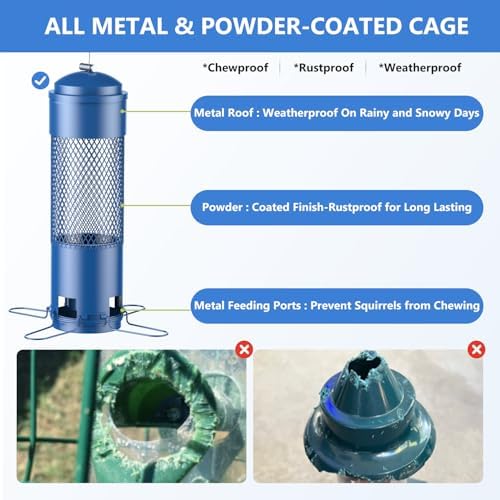 Bird Feeders for Outdoors Squirrel Proof with Weight-Activated Perches, Hanging Bird Feeder for Outside, Metal Feeder for Wild Cardinal, Finch, Blue Jay, Chickadee, 3LB Seed Capacity, Blue