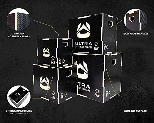 Ultra Fitness Gear Plyo Box - Anti-Slip Wood 3-in-1 Plyometric Jump Box for Training - Squat, Step Up, Box Jumps & More - Workout Box Size 24/20/16 (Large) - Home Gym Exercise Equipment