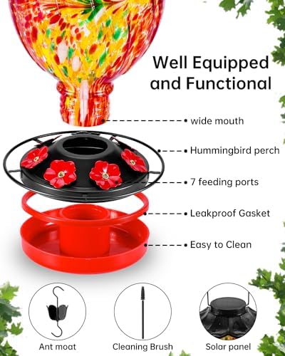 Solar Hummingbird Feeder - 49 fl.oz Hand Blown Glass Color Changing - 7 Feeding Ports with Perch - Never Leak - Perfect Hummingbird Feeder for Outdoors Hanging (Red)