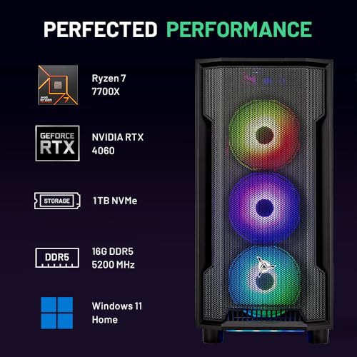 Skytech Shadow Gaming PC Desktop, Ryzen 7 7700 3.8 GHz (5.3GHz Turbo Boost), NVIDIA RTX 4060 8GB GDDR6, 1TB SSD, 16GB DDR5 RAM 5200, 650W Gold PSU, Wi-Fi, Win 11 Home