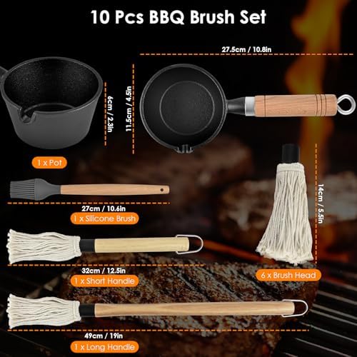 BBQ Mop Brush and Cast Iron Sauce Pot Set, 8Pcs Barbecue Accessories Include Basting Melting Pot, 2 Size Wooden Handle Sauce Mops with 4Pcs Replacements and Oil Brush for Meat Smoker, Grill, Stove