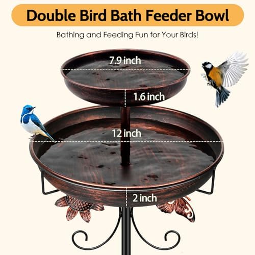 Daoeny Bird Bath for Outside, 42In Vintage Freestanding Birdbaths for Outdoors, Double Metal Bird Bath Feeder Bowls for Garden Patio Yard Lawn Decor, Upgraded 5-Pronged Base (Antique Bronze)