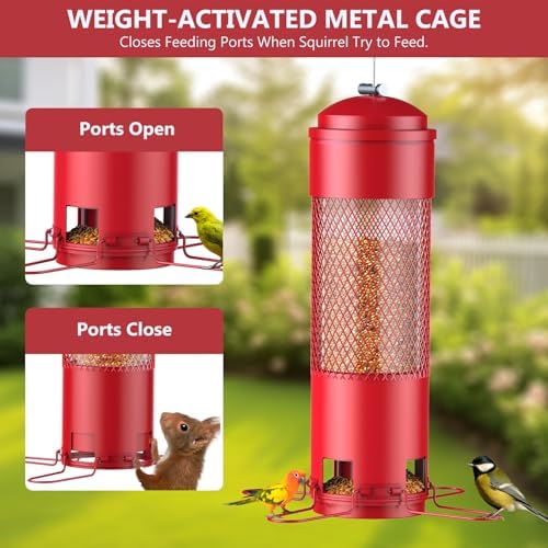 Bird Feeders for Outdoors Squirrel Proof with Weight-Activated Perches, Hanging Bird Feeder for Outside, Metal Feeder for Wild Birds, Finch, Blue Jay, Chickadee, 3LB Seed Capacity, Red