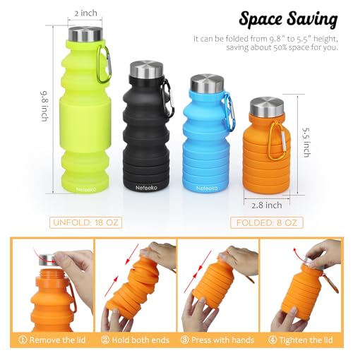 Nefeeko Collapsible Water Bottle, Reuseable BPA Free Silicone Foldable Water Bottles for Travel Gym Camping Hiking, Portable Leak Proof Sports Water Bottle with Carabiner