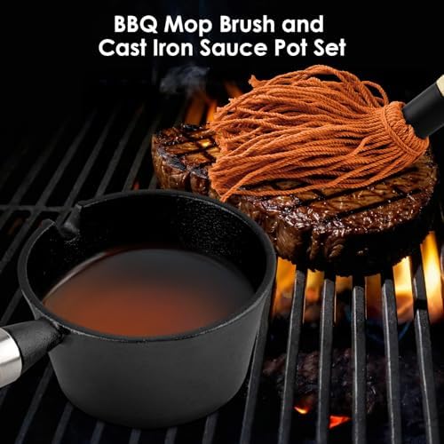 BBQ Mop Brush and Cast Iron Sauce Pot Set, 8Pcs Barbecue Accessories Include Basting Melting Pot, 2 Size Wooden Handle Sauce Mops with 4Pcs Replacements and Oil Brush for Meat Smoker, Grill, Stove