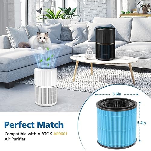AP0601 Replacement Filters Compatible with AIRTOK Air Puri-fier, 4-in-1 H13 True HEPA Filters, High-Efficiency Activated Carbon Filter, AP0601-RF 4 Pack