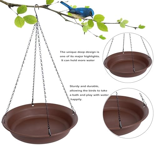 Hanging Bird Bath, Hanging Bird Water Feeder for Outdoors, Feeder Bowl, 2 Pack Birdbath Tray Accessories for Outside, Plastic Birdbaths Tray for Garden Patio Decoration (16", Chocolate)