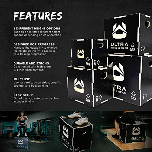 Ultra Fitness Gear Plyo Box - Anti-Slip Wood 3-in-1 Plyometric Jump Box for Training - Squat, Step Up, Box Jumps & More - Workout Box Size 24/20/16 (Large) - Home Gym Exercise Equipment