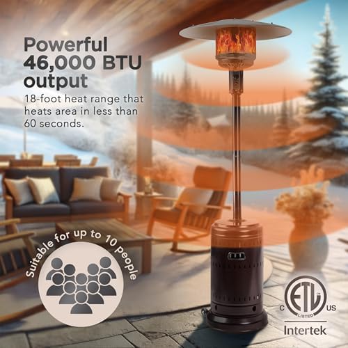 Amazon Basics 46,000 BTU Outdoor Propane Patio Heater with Wheels, Commercial & Residential, Havana Bronze, with Water Tank, 32.1 x 32.1 x 91.3 inches (LxWxH)