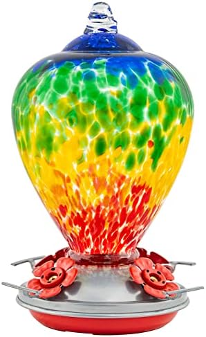 Hummingbird Feeders, 34OZ Hand Blown Glass Hummingbird Feeder for Outdoors Hanging with Ant MoatHooks, Perfect for Gardening Yard Patio Decor Gifts (Rainbow)