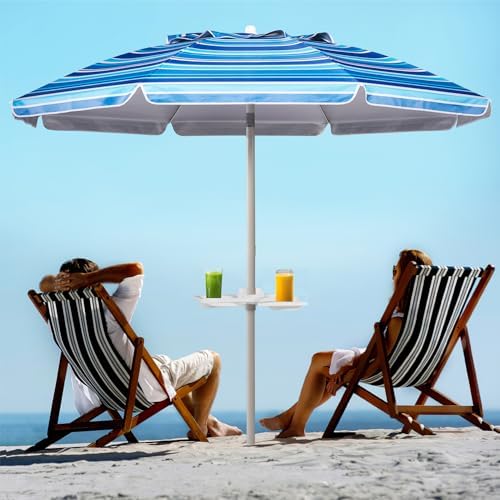 Aoxun 6.5ft Beach Umbrella with Tray and Tilt Pole Portable Patio Umbrella with Sand Anchor and Carry Bag Outdoor UPF 50+ Sun Shelter with Air Vents Design (Navy Blue)