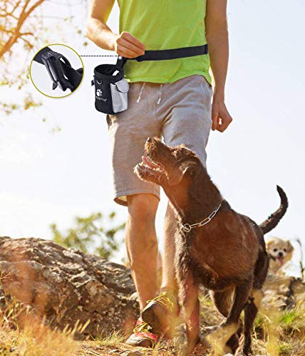 AMZNOVA Dog Treat Bag, Puppy Training Pouch, 3 Cups Animal Walking Snack Container Best Hiking Toys Pack Dispenser Carries with Waistband, Black