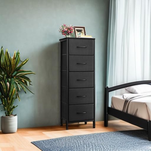 AODK Dresser for Bedroom with 5 Storage Drawers, 48" Tall Dresser Chest of Drawers Fabric Dressers with Sturdy Steel Frame, Black