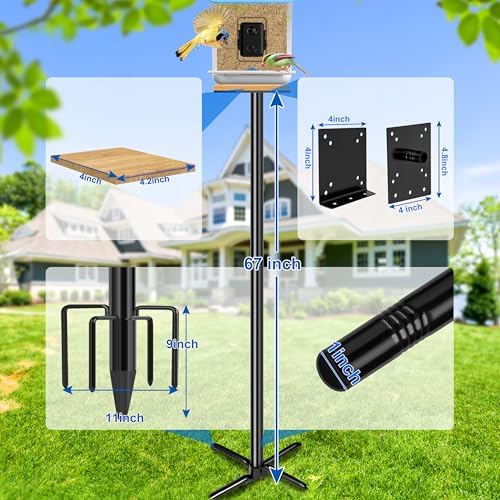 Ottsuls Bird Feeder Pole, 76 Inch Heavy Duty Bird House Pole Kit for Outdoors, with Wooden Board, 5-Prong Base Feeding Station for Wild Birds Watching, Adjustable Feeder Stand (House Not Included)