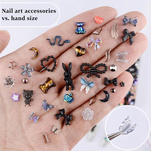 Kikonoke 1400 Pieces 3D Butterfly Rose Flower Bow Rabbit Bear Nail Charms Kit with Nail Art Rhinestones Pearls Crystal Gems Nail Slices for Manicure DIY Crafts Jewelry Accessories (Pink Blue)