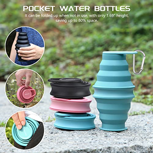 Nefeeko Collapsible Water Bottle, Reuseable BPA Free Silicone Foldable Bottles for Travel Gym Camping Hiking, Portable Leak Proof Sports Water Bottle with Carabiner
