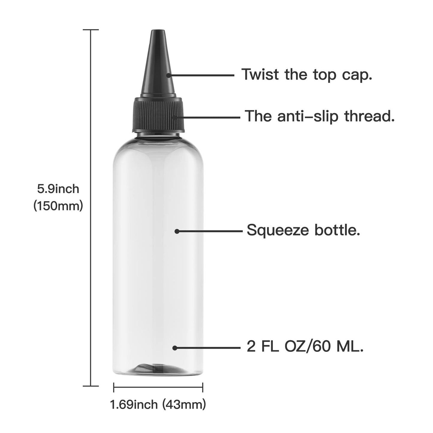Tekson Hair Color Applicator Bottles, 5 Pack Refillable Squeeze Bottle, Empty Plastic Twist Top Cap Bottles (3.4 OZ, Clear)