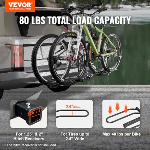 VEVOR Hitch Mount Bike Rack, 80 LBS Capacity Ebike Rack, 2-Bike Platform Style for 1.25-/2-inch Hitch Receiver, Titling and Folding Bike Carrier with Tires up to 2.4" Wide, for Car, SUV, Truck, RV