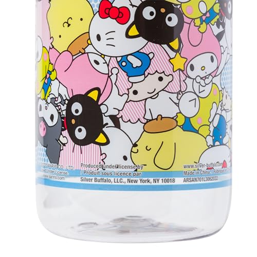 Silver Buffalo Sanrio Hello Kitty and Friends Featuring Badtz-Maru, Keroppi, My Melody, Pochacco, Chococat, Pompompurin, Kuromi, and Little Twin Stars Water Bottle with Screw Lid, 28 Ounces