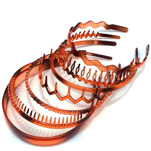 AHONEY 7 Pack Brown Headbands for Women Mens Plastic Headbands with Teeth Non Slip Hairbands for Women's Hair Accessories Comb Headband Diademas Para Mujer (Amber)